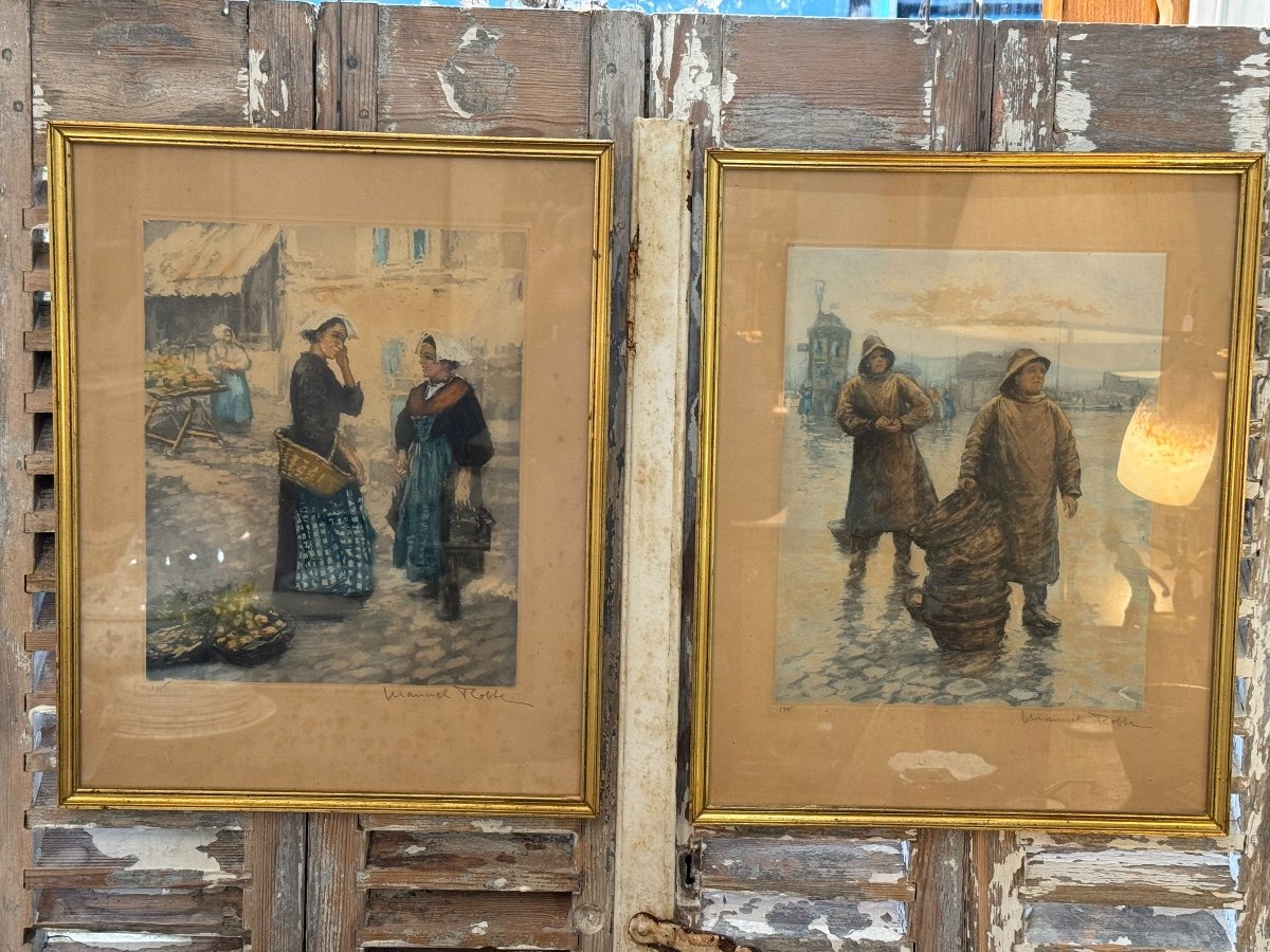 Old Aquatint Painting Breton Market By Manuel Robbe Early 20th Century Breton Marine-photo-4