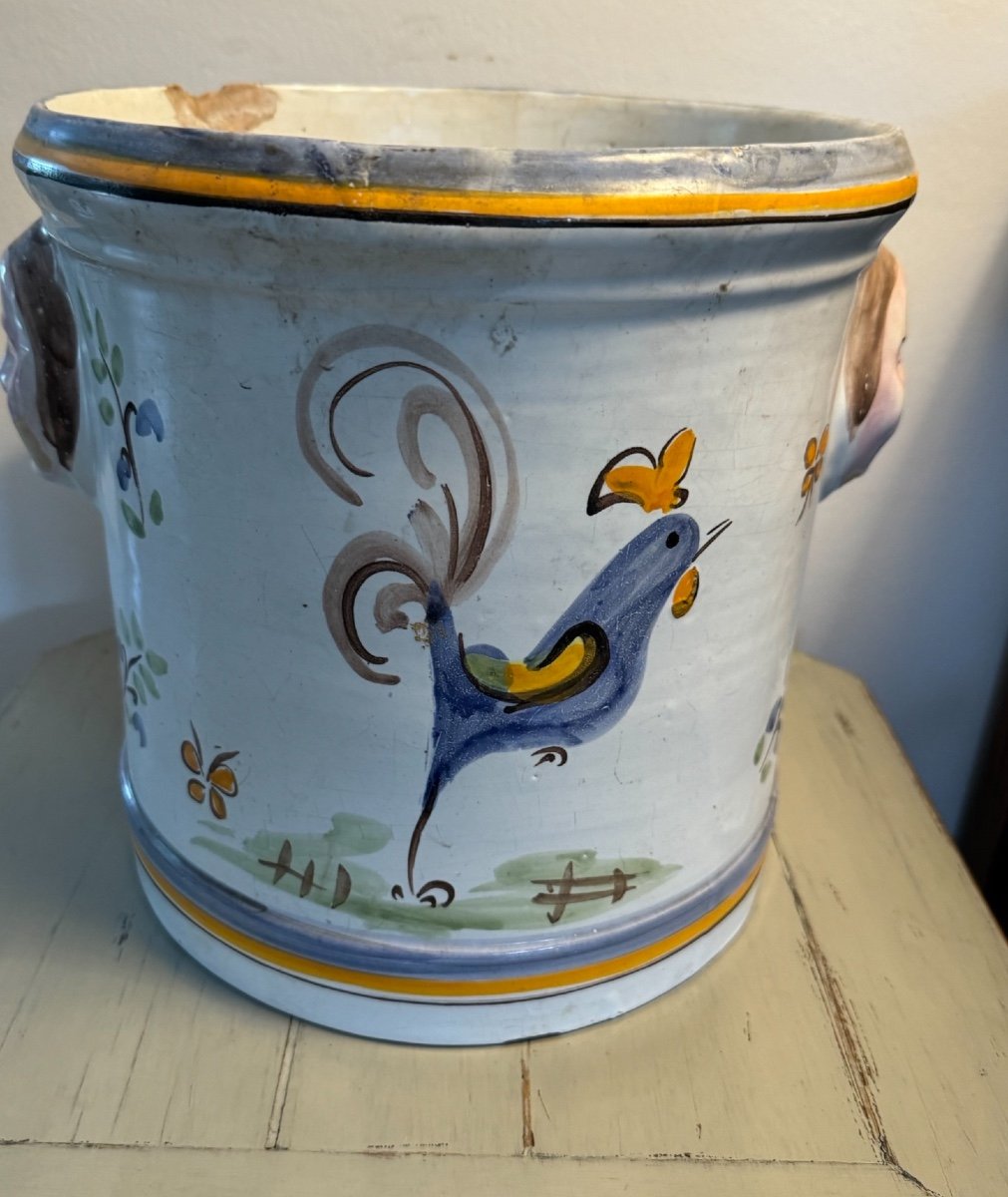 Old Large Earthenware Planter Or Cooler Early 19th Century With Rooster Cooler-photo-2