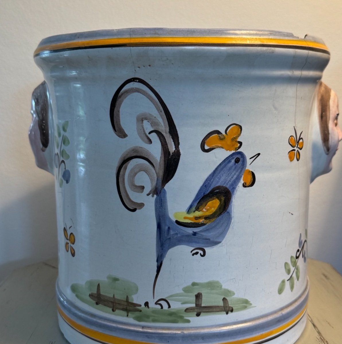 Old Large Earthenware Planter Or Cooler Early 19th Century With Rooster Cooler-photo-7