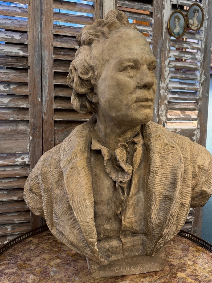 Old Large And Majestic Plaster Bust Of Gluck After Houdon 19th Century Plaster-photo-3