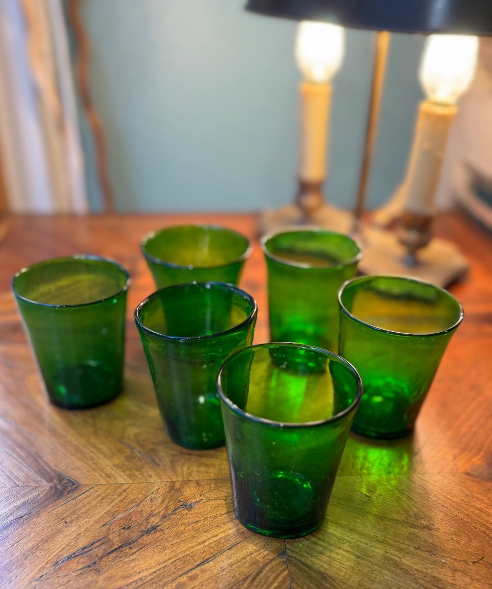 Lot De 6 Lumignons En Verre Vert Bouteille Epoque XIX Lyon Fete Des Lumières Ancien