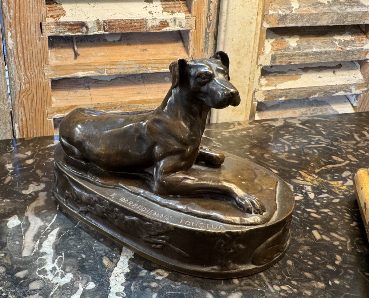 Ancien Bronze Animalier Le Chien Couché Par Grégoire Giraud Et Fondeur Barbedienne XIX Eme