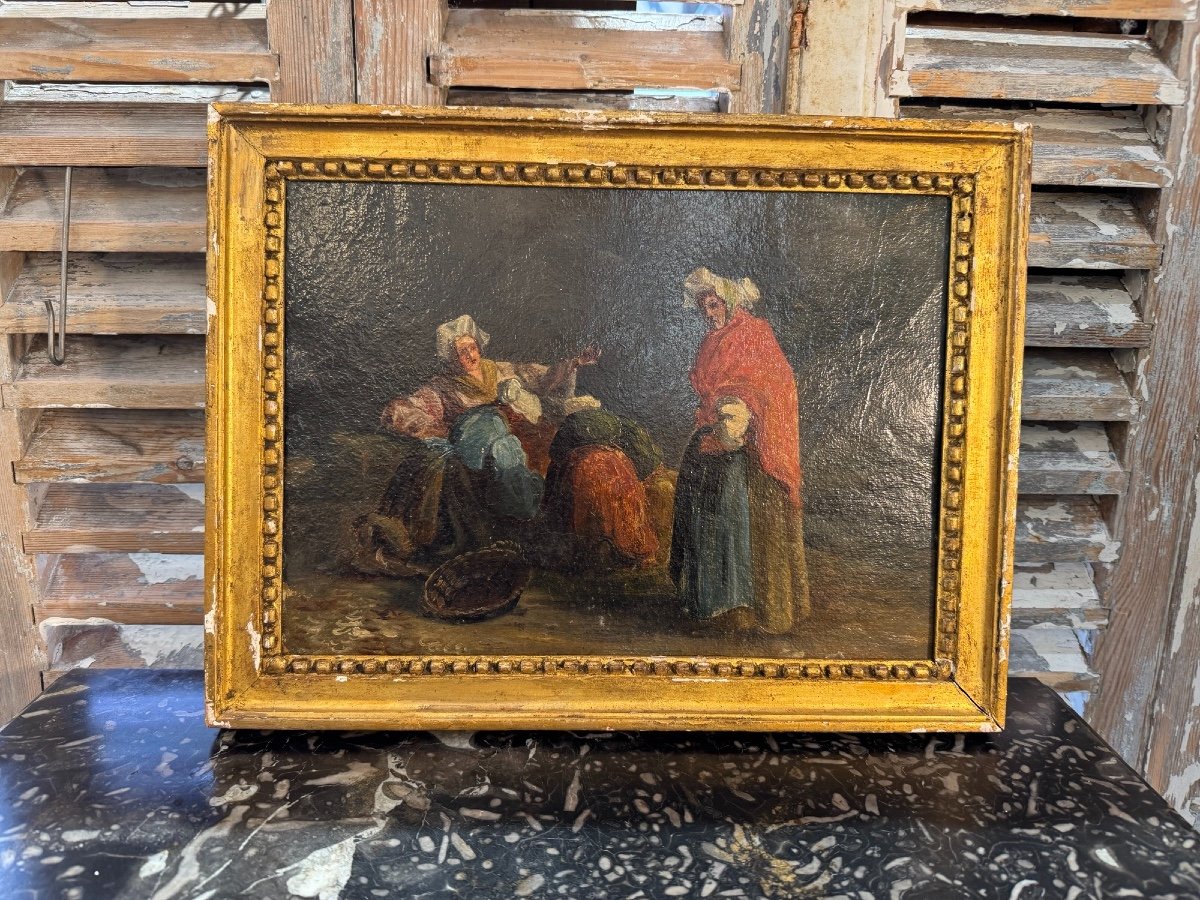 Old Oil Painting On Paper The Fisherwomen Of Dieppe Early 19th Century Marine Normandy School -photo-4