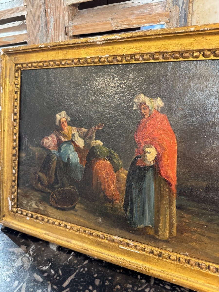 Old Oil Painting On Paper The Fisherwomen Of Dieppe Early 19th Century Marine Normandy School -photo-3