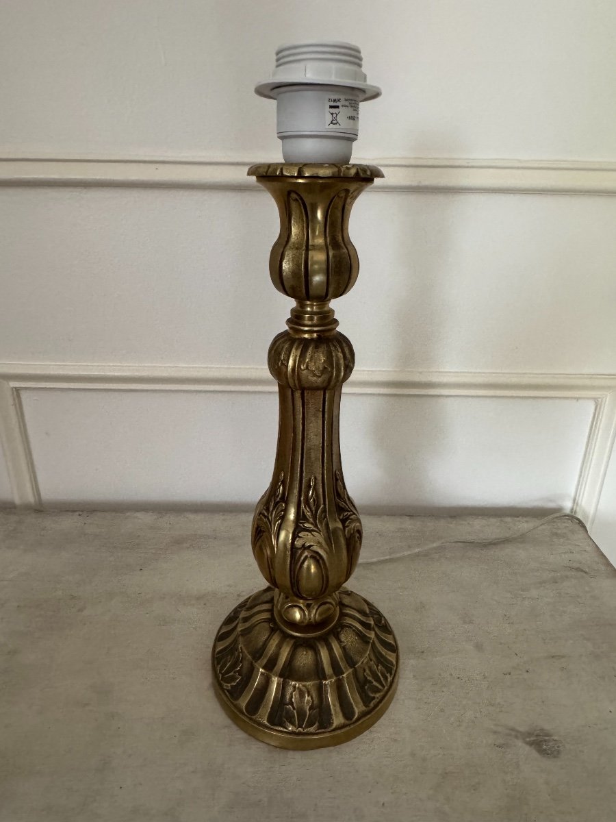 Old Chiseled Gilt Bronze Lamp Early 19th / 20th Century Candle Holder Mounted As An Old Lamp -photo-2