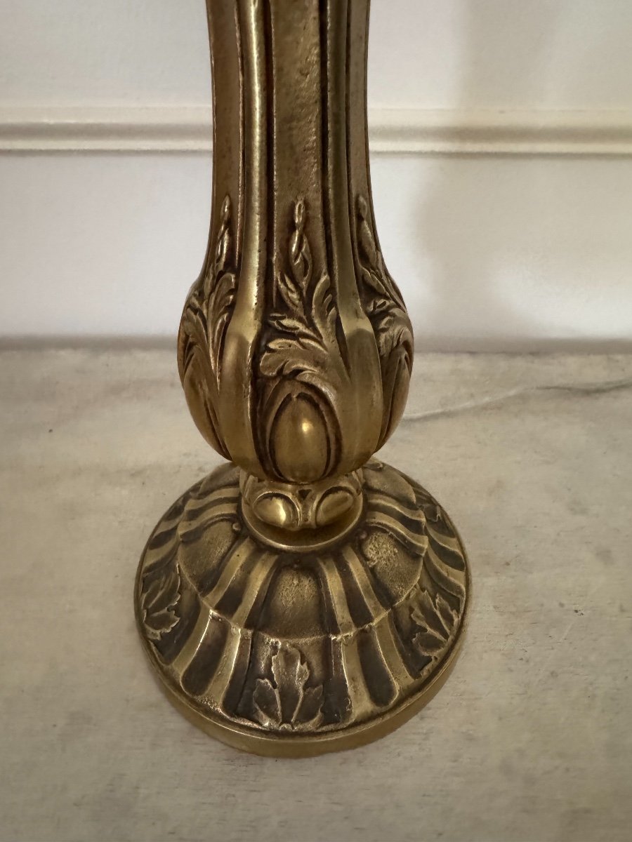 Old Chiseled Gilt Bronze Lamp Early 19th / 20th Century Candle Holder Mounted As An Old Lamp -photo-3