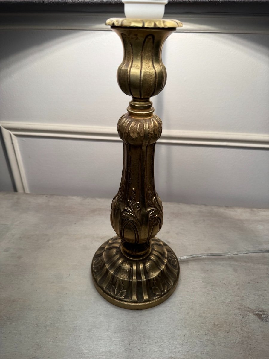 Old Chiseled Gilt Bronze Lamp Early 19th / 20th Century Candle Holder Mounted As An Old Lamp -photo-3