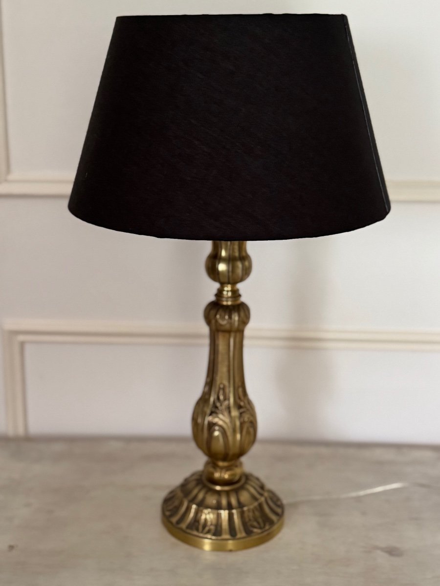 Old Chiseled Gilt Bronze Lamp Early 19th / 20th Century Candle Holder Mounted As An Old Lamp -photo-5