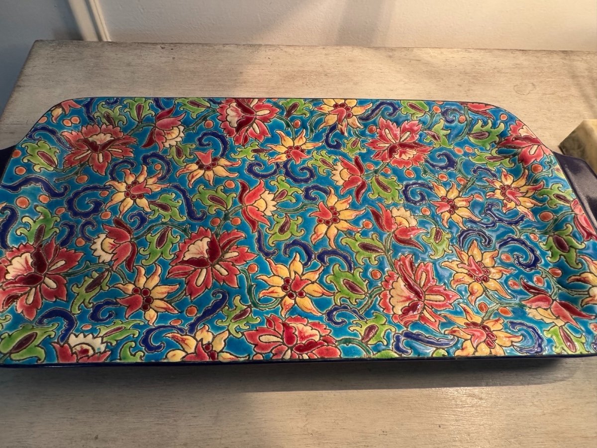 Old Tray In Enamels From Longwy Earthenware 20th Century-photo-6