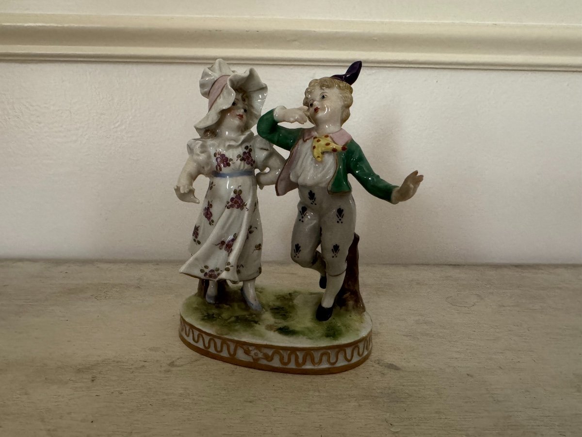 Ancien Petit Couple En Porcelaine Allemande De Dresde Vers 1900 Personnages -photo-1