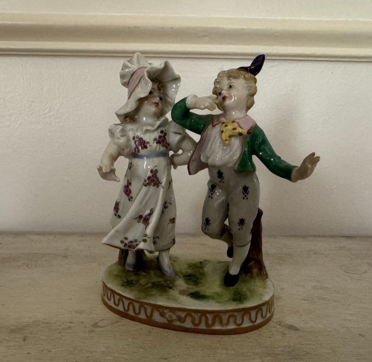 Ancien Petit Couple En Porcelaine Allemande De Dresde Vers 1900 Personnages 