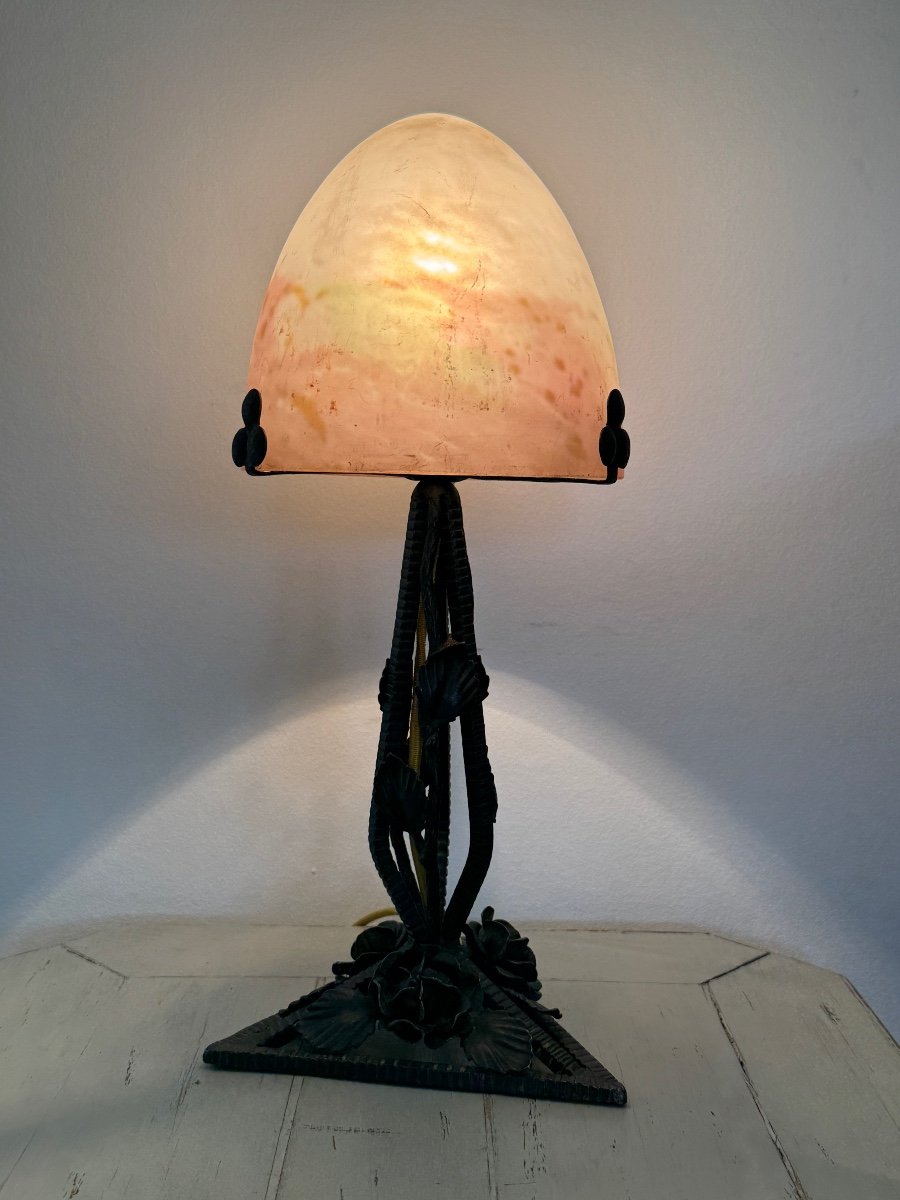 Ancienne Lampe Art Deco Par Muller Dite Lampe Champignon 1920 1930 Pate De Verre -photo-7