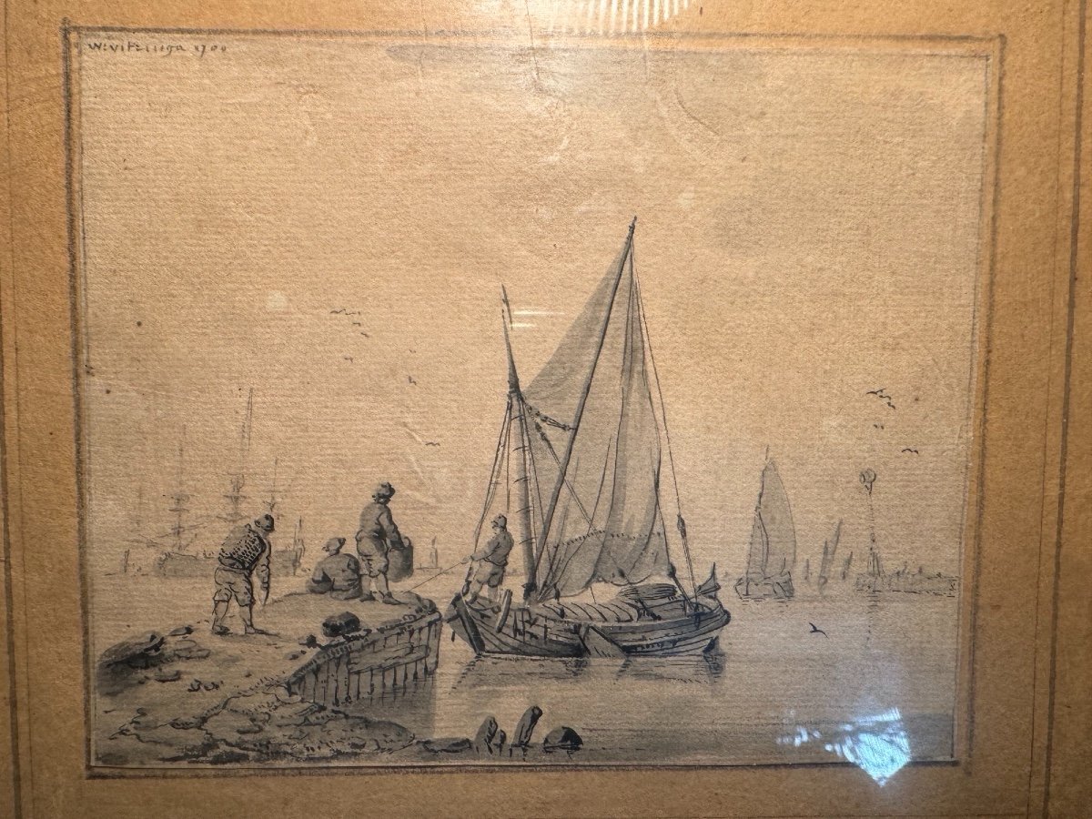 Ancien Dessin Marine Du XVIII Eme Siècle Par W Vitringa Ecole Hollandaise 1700 école Du Nord -photo-2