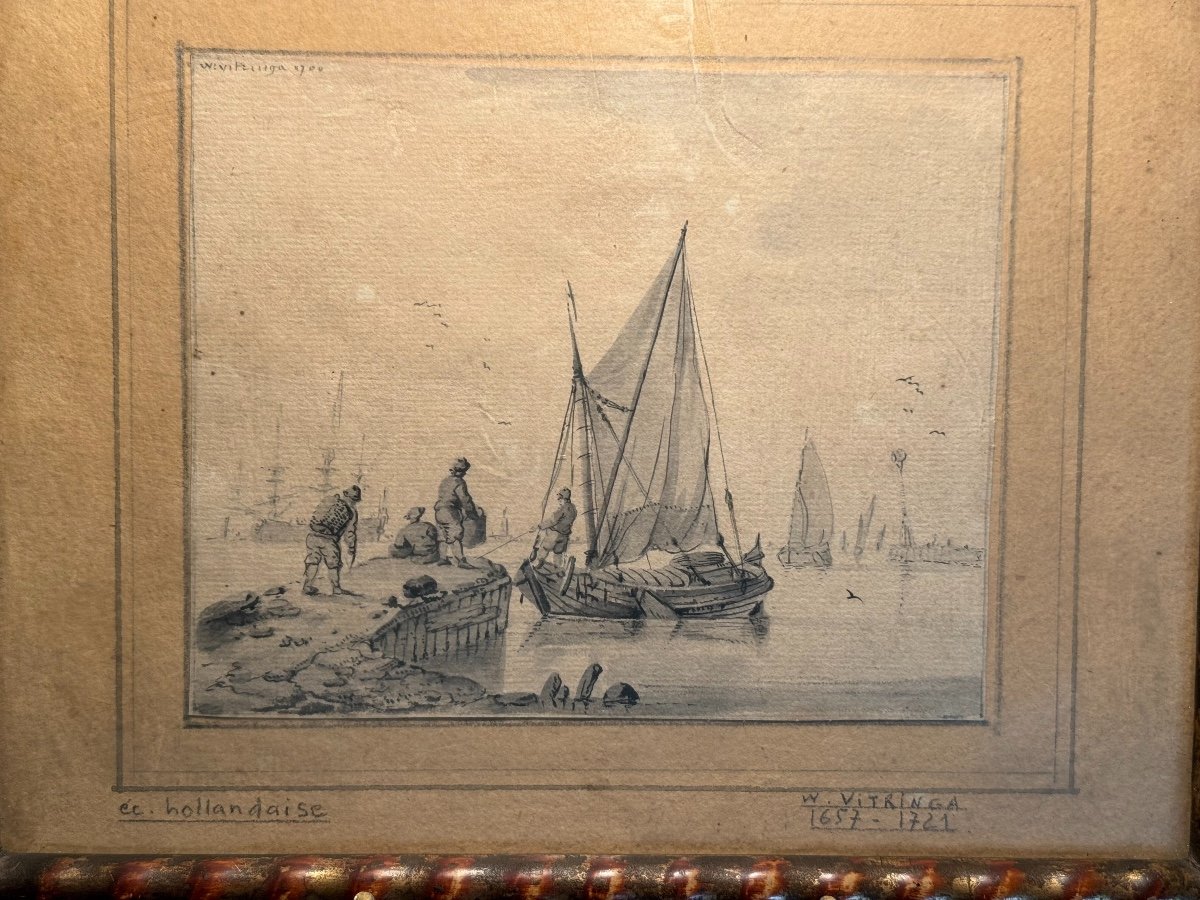 Ancien Dessin Marine Du XVIII Eme Siècle Par W Vitringa Ecole Hollandaise 1700 école Du Nord -photo-7