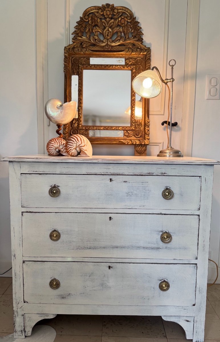 Old Small Mountain Chest Of Drawers In Repainted Pine, 19th Century, Small Format