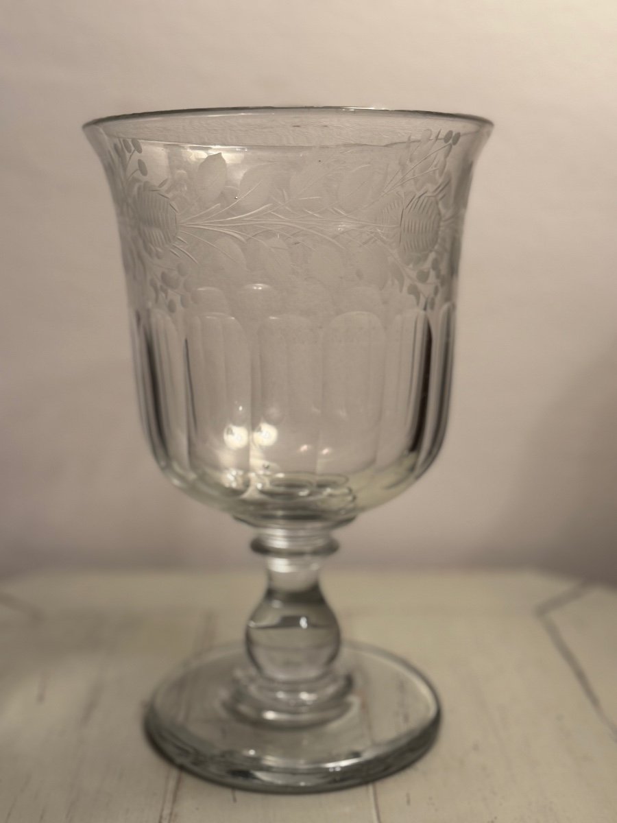 Ancien Et Très Grand Verre De Mariage Normand En Cristal Gravé Epoque XIX Eme Rose  Guirlandes-photo-2