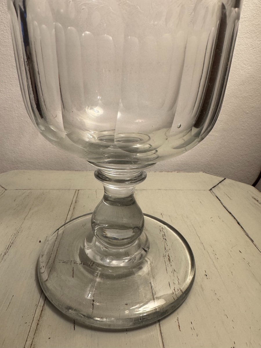 Ancien Et Très Grand Verre De Mariage Normand En Cristal Gravé Epoque XIX Eme Rose  Guirlandes-photo-1