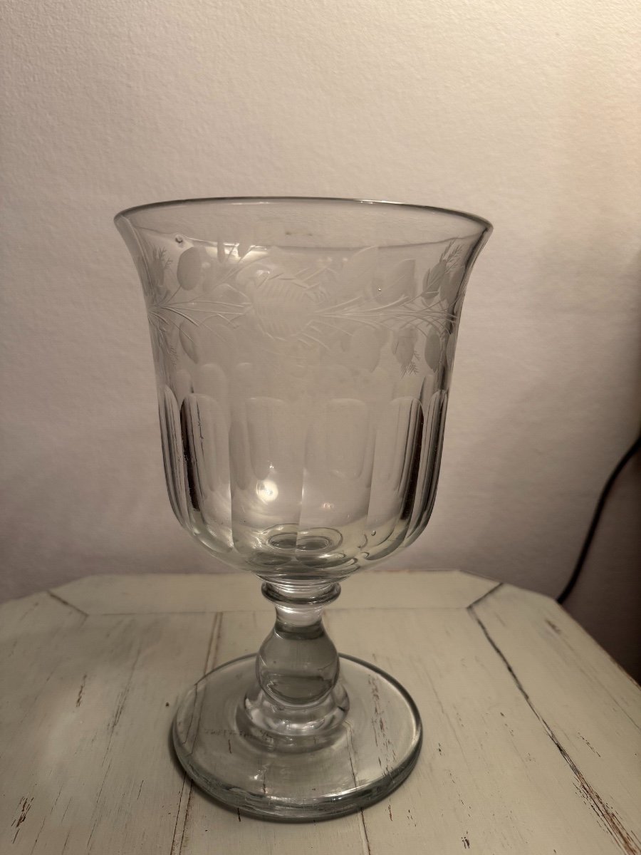 Ancien Et Très Grand Verre De Mariage Normand En Cristal Gravé Epoque XIX Eme Rose  Guirlandes-photo-3