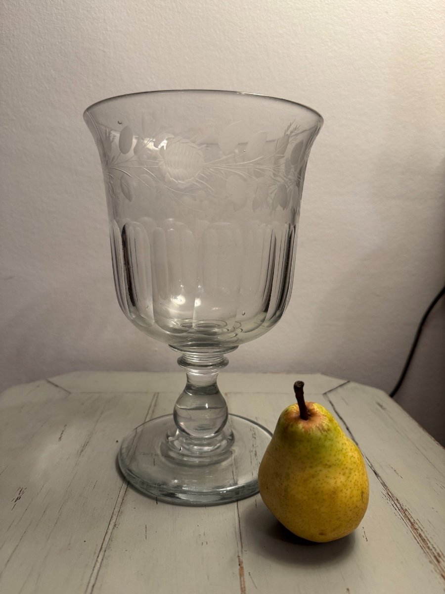 Ancien Et Très Grand Verre De Mariage Normand En Cristal Gravé Epoque XIX Eme Rose  Guirlandes-photo-4