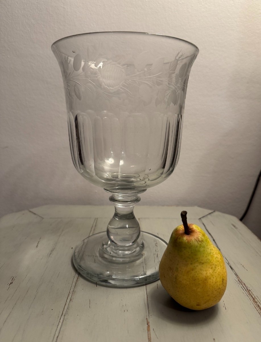 Ancien Et Très Grand Verre De Mariage Normand En Cristal Gravé Epoque XIX Eme Rose  Guirlandes