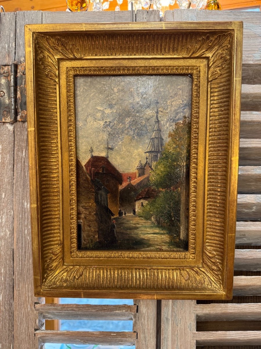 Ancien petit Tableau Fin XIX eme  Paysage Animé Par R Desile Huile Sur Panneau Hsp Village -photo-2