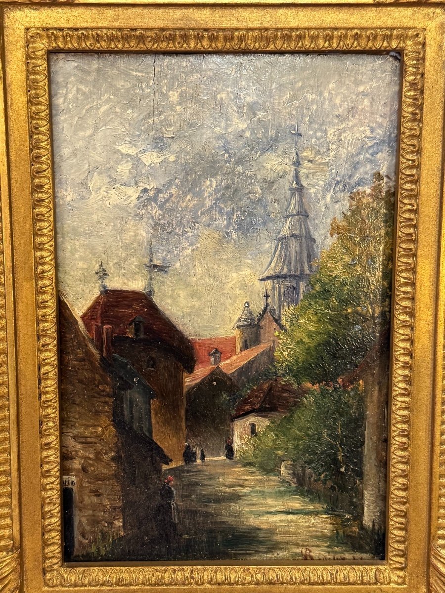 Ancien petit Tableau Fin XIX eme  Paysage Animé Par R Desile Huile Sur Panneau Hsp Village -photo-4