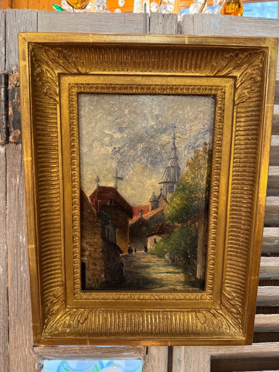 Ancien petit Tableau Fin XIX eme  Paysage Animé Par R Desile Huile Sur Panneau Hsp Village -photo-6