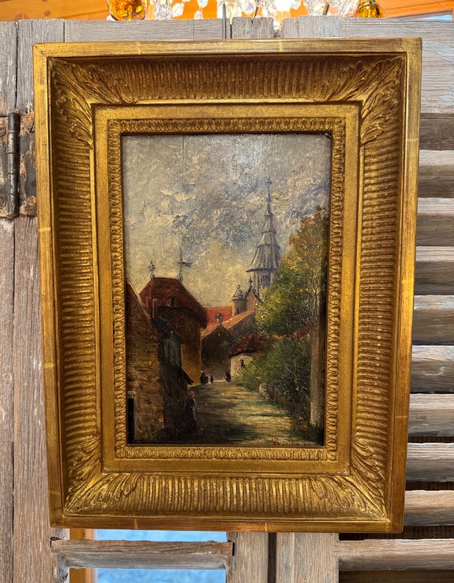 Ancien petit Tableau Fin XIX eme  Paysage Animé Par R Desile Huile Sur Panneau Hsp Village 