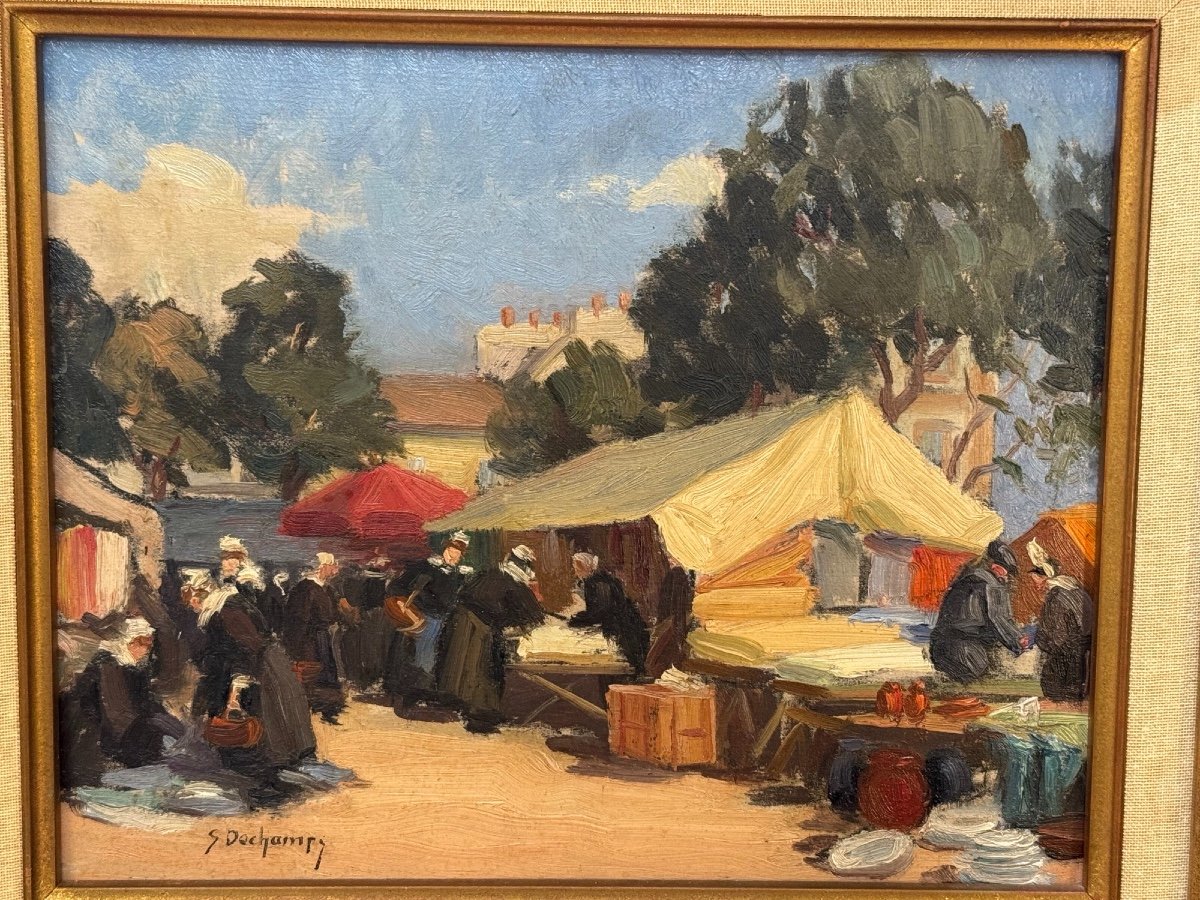 Ancien Tableau Huile Sur Panneau Par Suzanne Dechamps : Marché Breton école De Rouen Normandie-photo-2