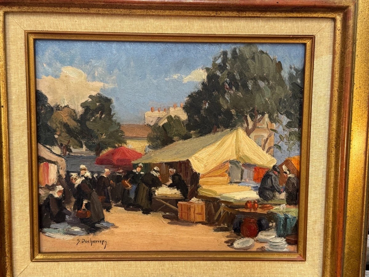 Ancien Tableau Huile Sur Panneau Par Suzanne Dechamps : Marché Breton école De Rouen Normandie-photo-3