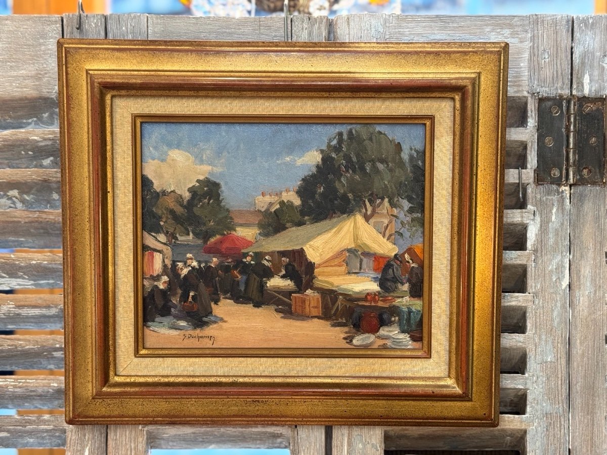 Ancien Tableau Huile Sur Panneau Par Suzanne Dechamps : Marché Breton école De Rouen Normandie-photo-4