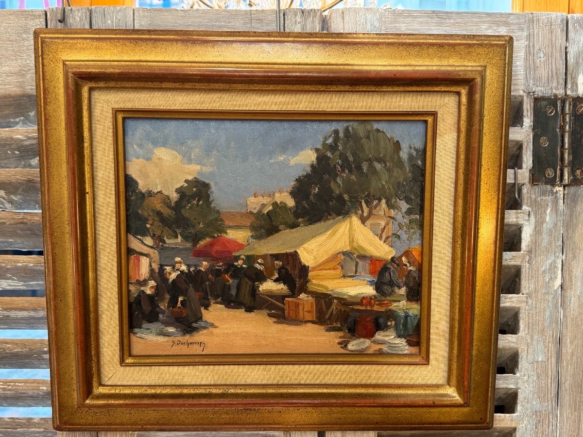 Ancien Tableau Huile Sur Panneau Par Suzanne Dechamps : Marché Breton école De Rouen Normandie-photo-1