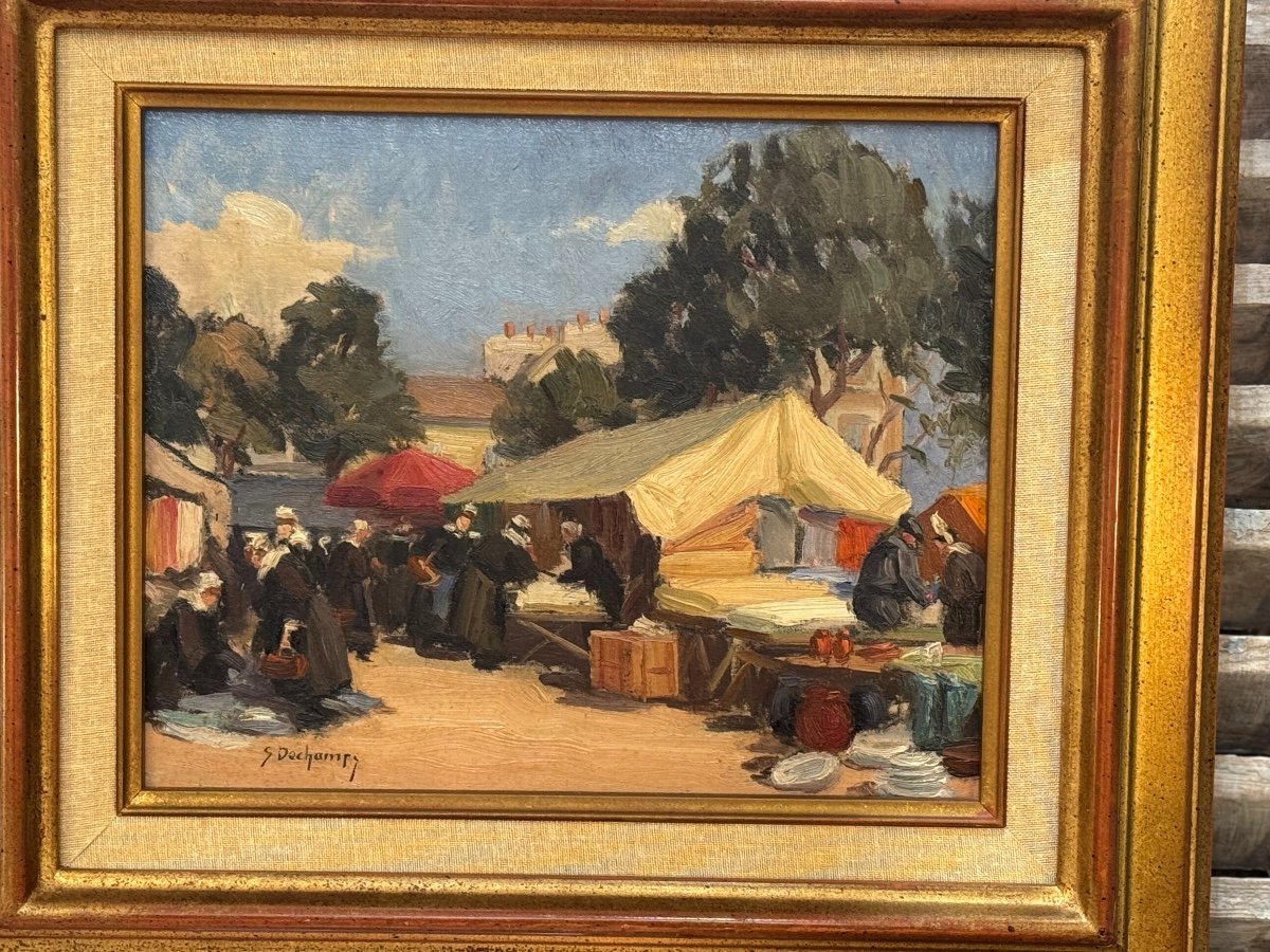 Ancien Tableau Huile Sur Panneau Par Suzanne Dechamps : Marché Breton école De Rouen Normandie-photo-2