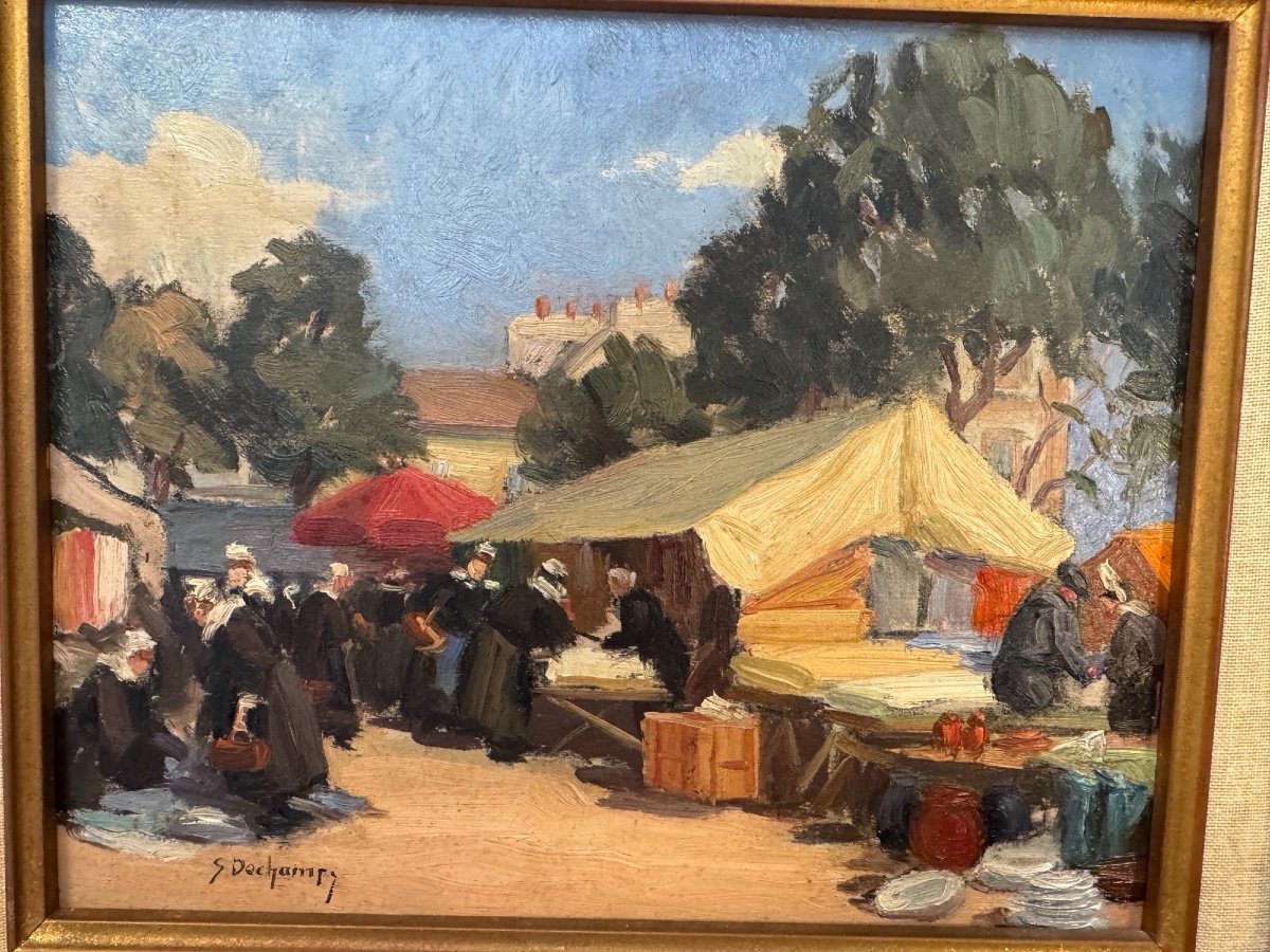 Ancien Tableau Huile Sur Panneau Par Suzanne Dechamps : Marché Breton école De Rouen Normandie-photo-5