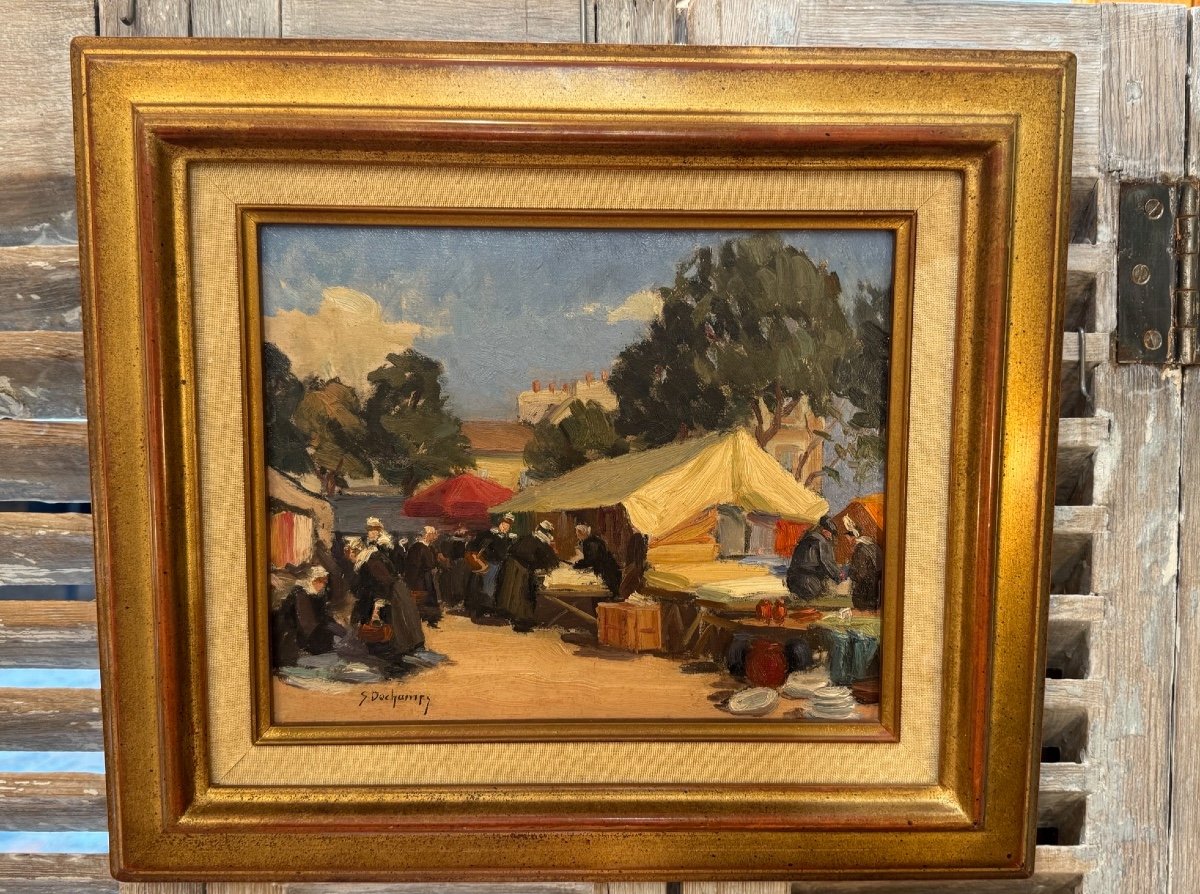 Ancien Tableau Huile Sur Panneau Par Suzanne Dechamps : Marché Breton école De Rouen Normandie