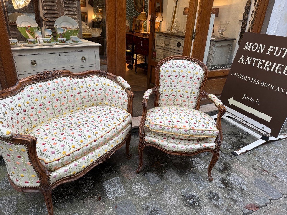 Lot Of Armchair And Sofa, Small Louis XV Bench, 19th Century, In Molded Beech-photo-2