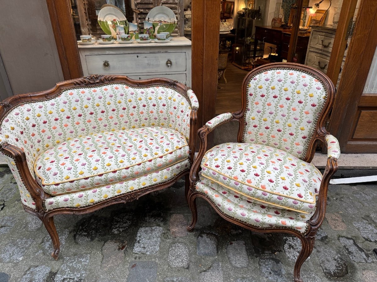 Lot Of Armchair And Sofa, Small Louis XV Bench, 19th Century, In Molded Beech