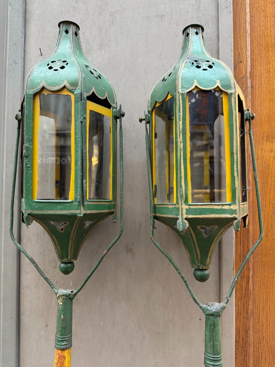 Ancienne Paire De Lanternes De Procession En Tôle Peinte XIX Eme Siècle-photo-1