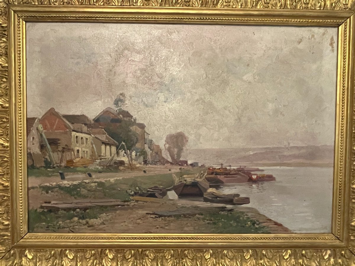 Ancien Tableau Hst Huile Sur Toile Bord De Seine De Galien Laloue Impressionniste Toile-photo-3