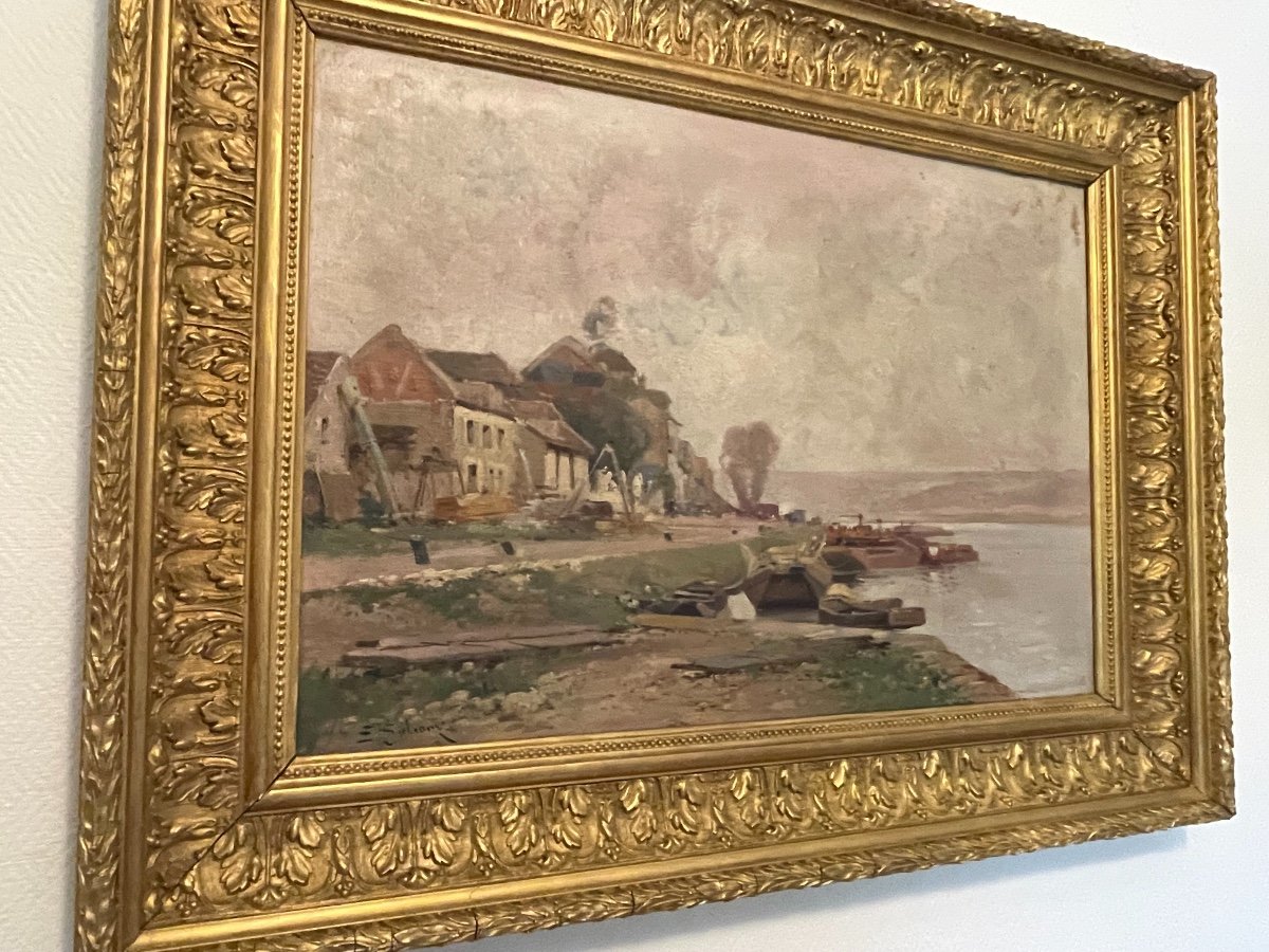 Ancien Tableau Hst Huile Sur Toile Bord De Seine De Galien Laloue Impressionniste Toile-photo-1