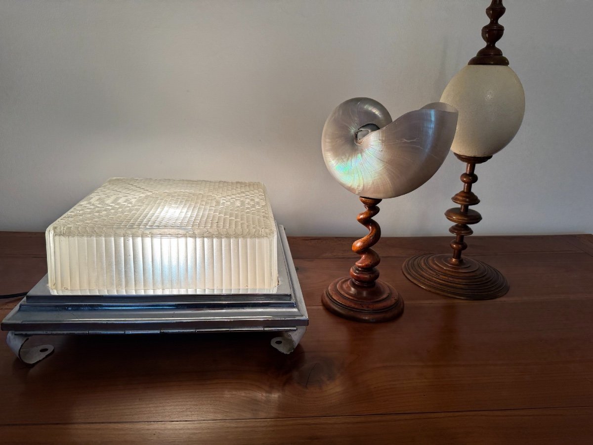 Antique Holophane Ceiling Light / Table Lamp Circa 1930 Bauhaus Square Art Deco Chrome 