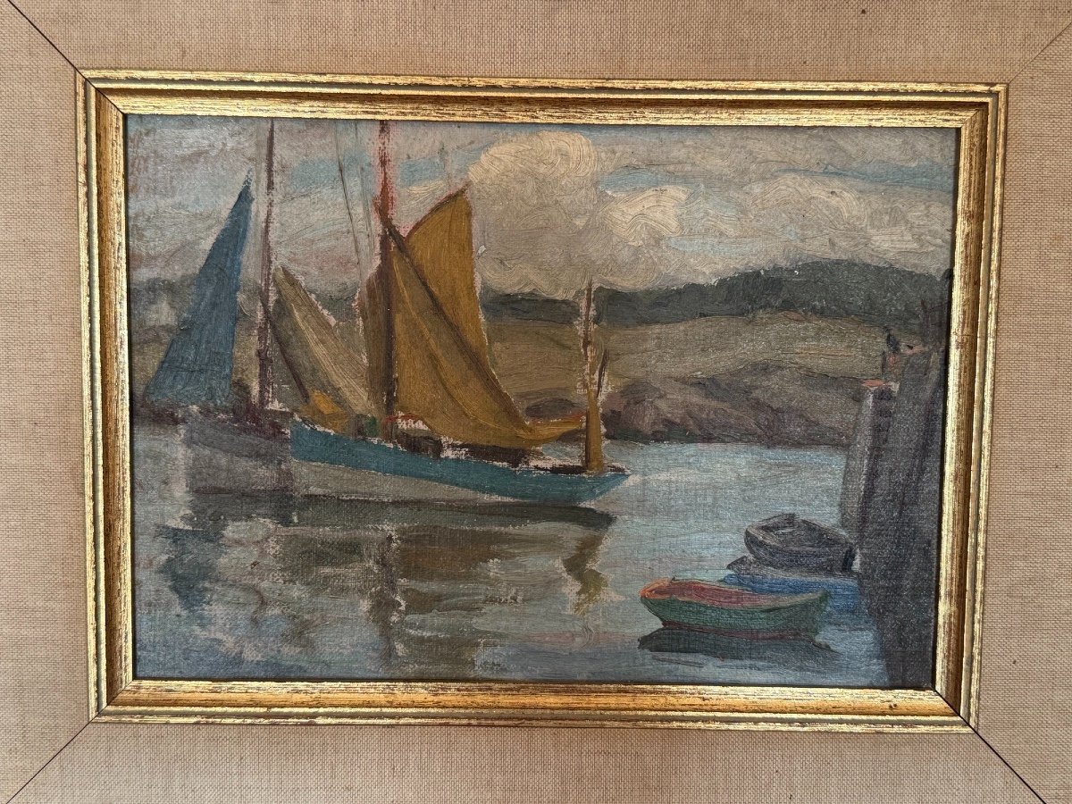 Ancien Tableau Marine , Milieu XX Eme Huile Sur Toile Marouflée Sur Carton Hst -photo-3