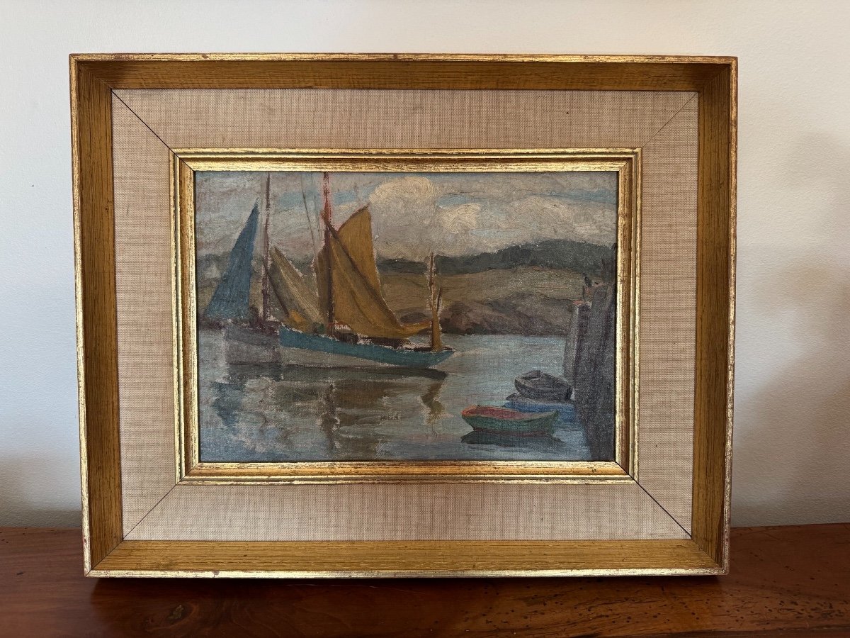 Ancien Tableau Marine , Milieu XX Eme Huile Sur Toile Marouflée Sur Carton Hst -photo-1