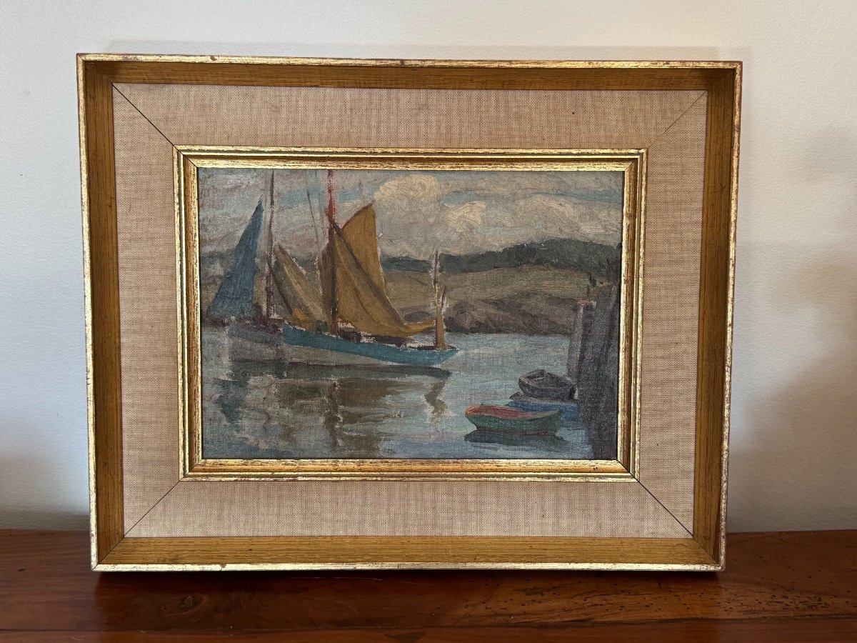 Ancien Tableau Marine , Milieu XX Eme Huile Sur Toile Marouflée Sur Carton Hst -photo-2