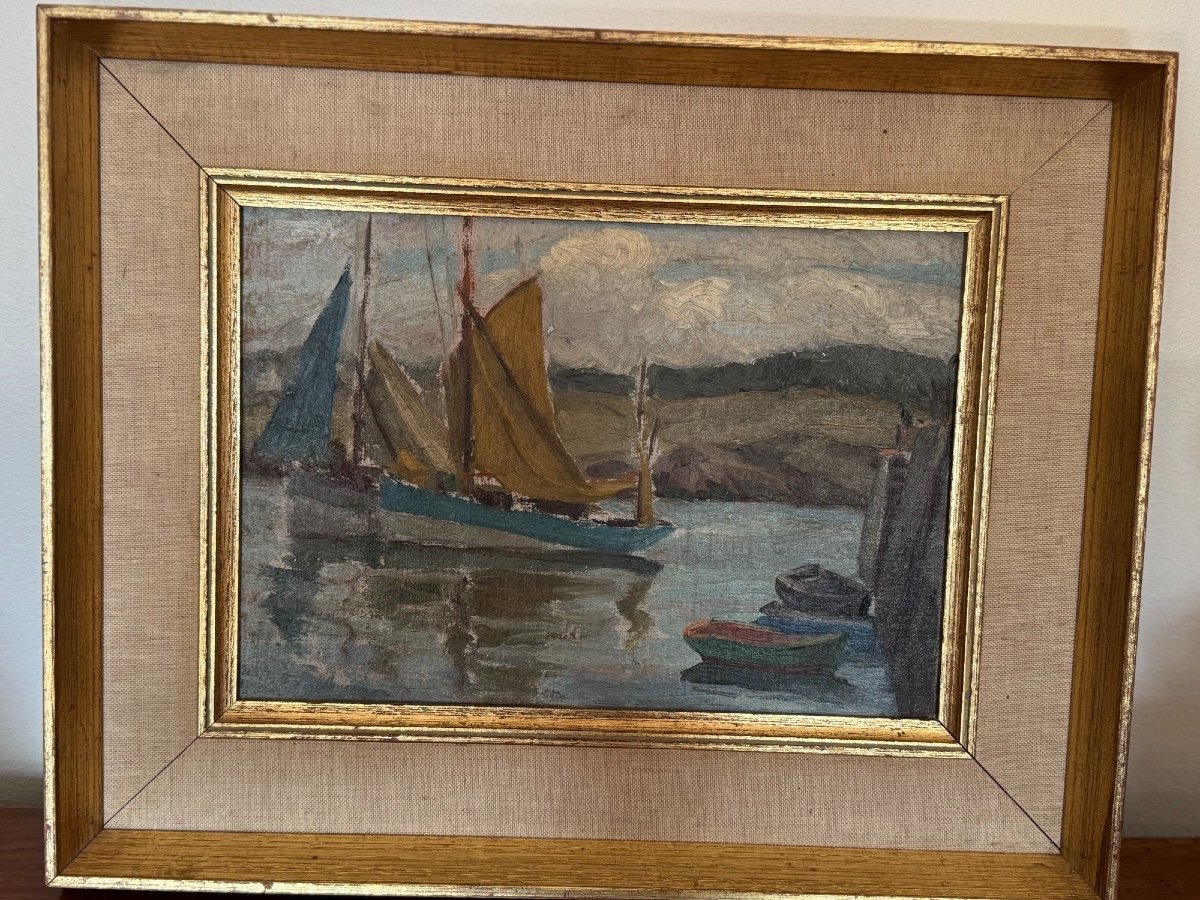 Ancien Tableau Marine , Milieu XX Eme Huile Sur Toile Marouflée Sur Carton Hst -photo-5