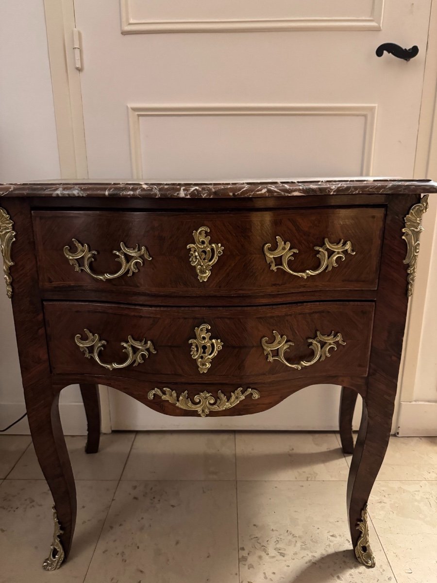 Ancienne Et Petite Commode Sauteuse Style Louis XV Epoque XIX ème Marqueterie marbre et bronze -photo-3