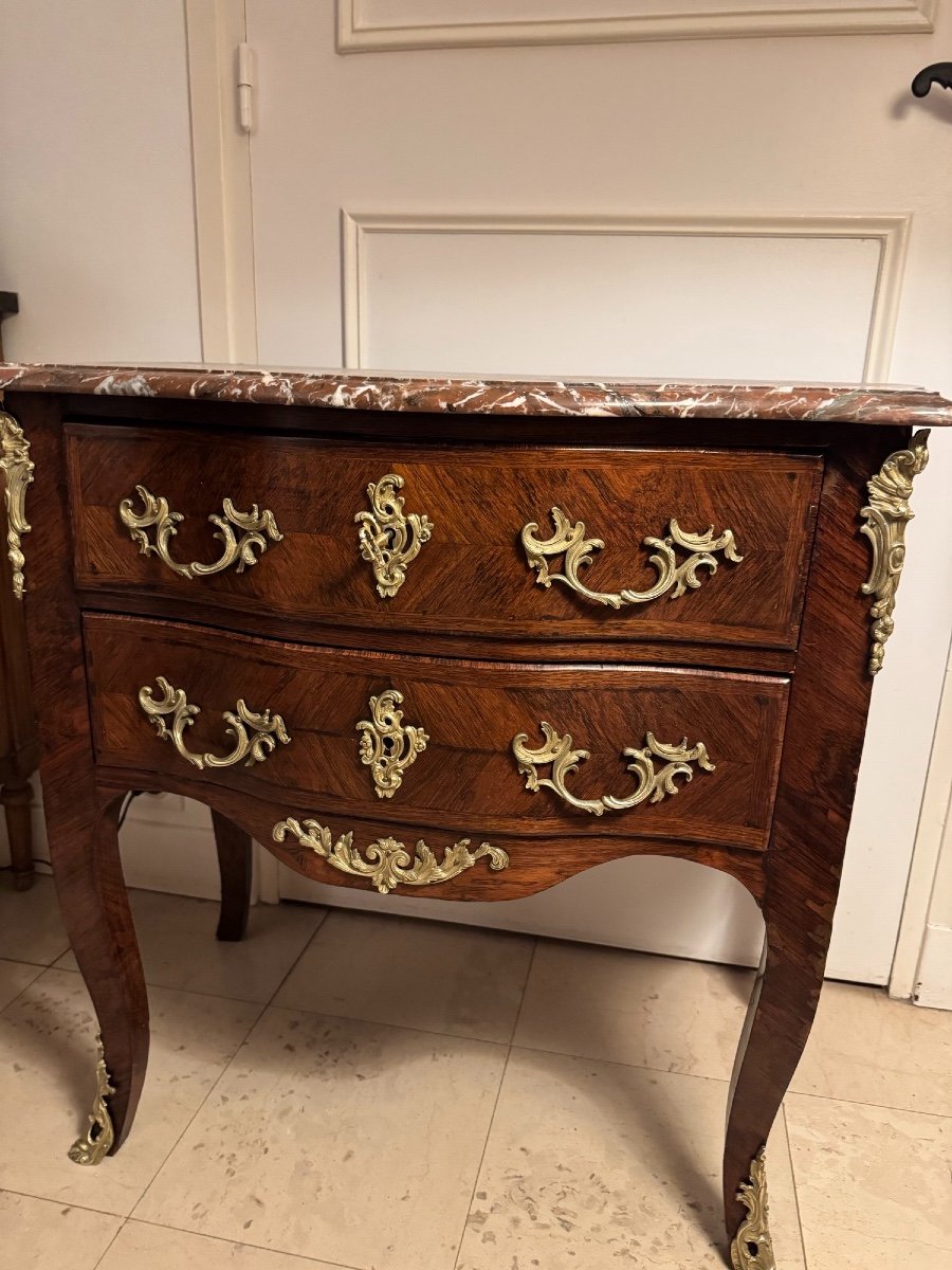 Ancienne Et Petite Commode Sauteuse Style Louis XV Epoque XIX ème Marqueterie marbre et bronze -photo-4