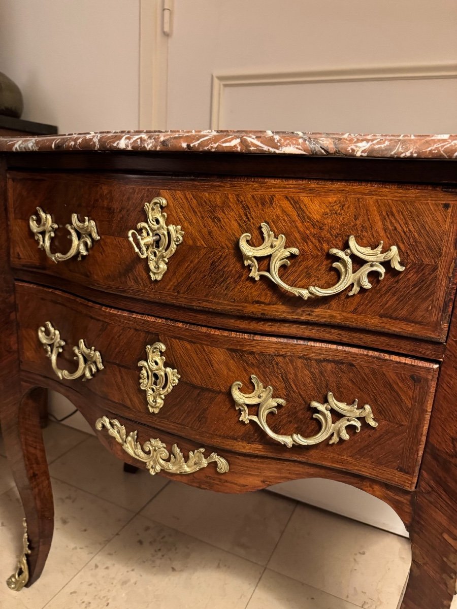 Ancienne Et Petite Commode Sauteuse Style Louis XV Epoque XIX ème Marqueterie marbre et bronze -photo-4