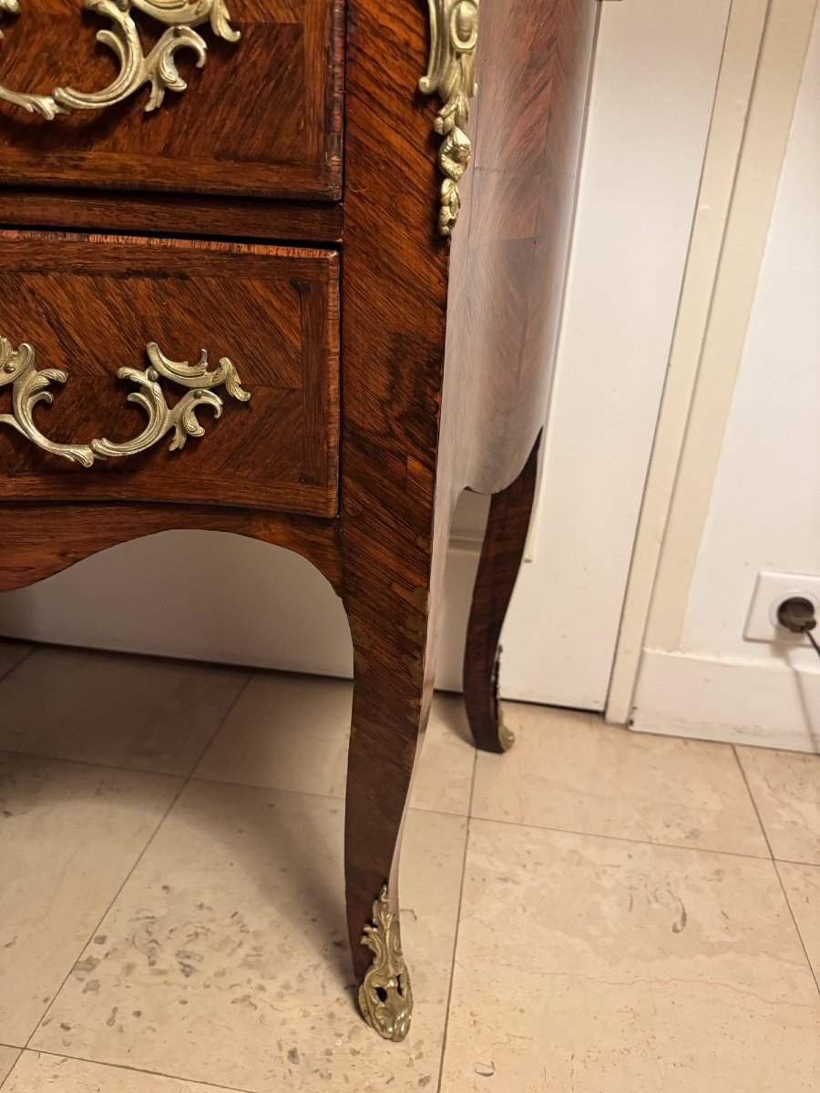 Ancienne Et Petite Commode Sauteuse Style Louis XV Epoque XIX ème Marqueterie marbre et bronze -photo-5