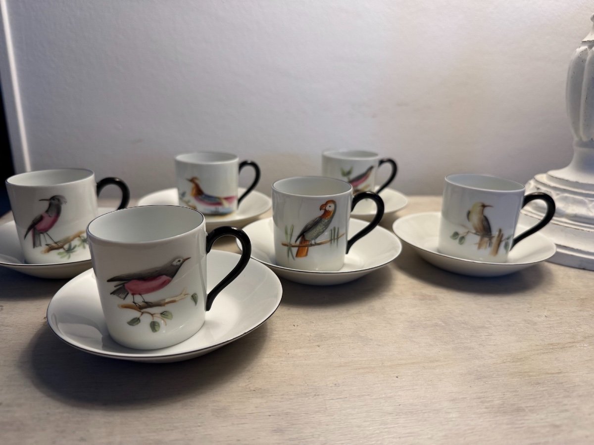 Antique Limoges Coffee Cup Set By Le Chambrelain Bird Decor 20th Century Porcelain-photo-1